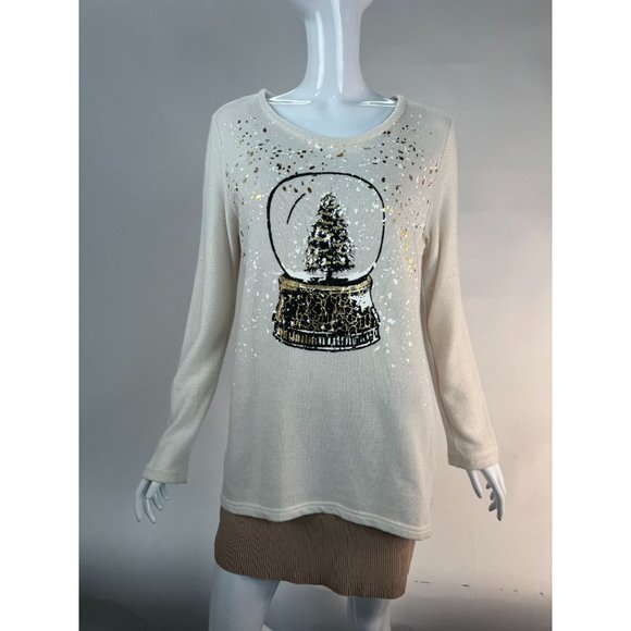 STYLE & CO Holiday Snow Globe Christmas Top Sz M Beige Cotton Blend Blemish - Picture 16 of 16